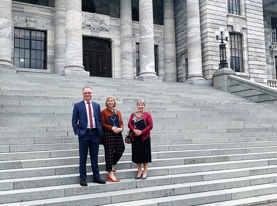 Dr Bryan Betty, Dr Samantha Murton and Lynne Hayman outside Parliament