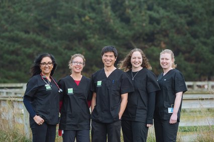 Five rural hospital doctors stand together outside