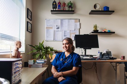 Pasifika GP Dr Vanisi Prescott sits in her consult room