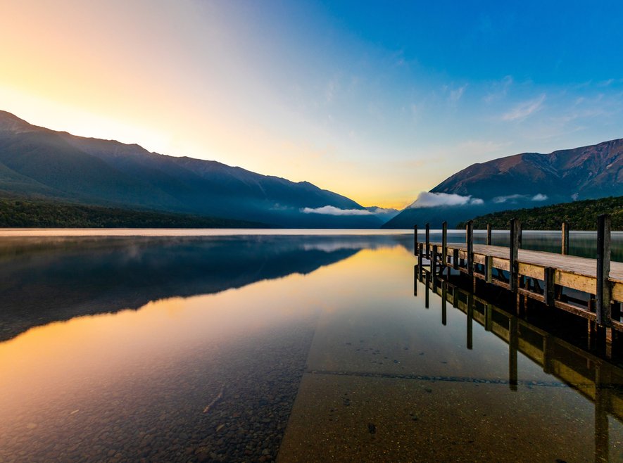 Lake Rotoiti, New Zealand at Dawn stock photo